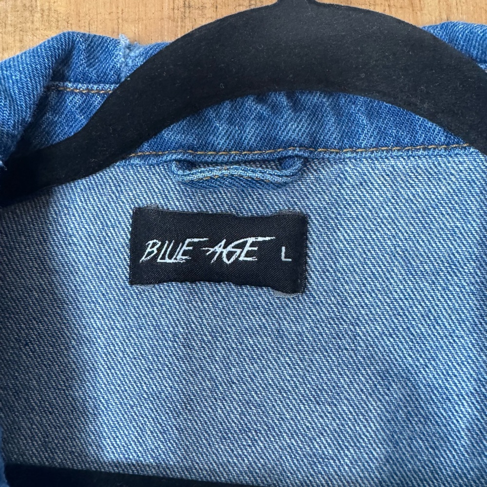 Blue Age Long Denim Coat Jacket Distressed Button Front Size L - Picture 2 of 3